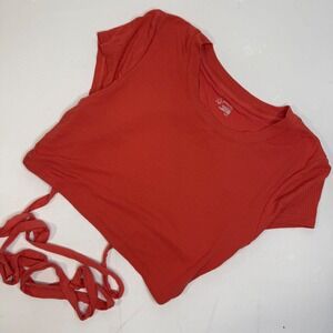 OFFLINE by Aerie Ribbed Open Back Tie Crop Top Gym Coral Orange Small